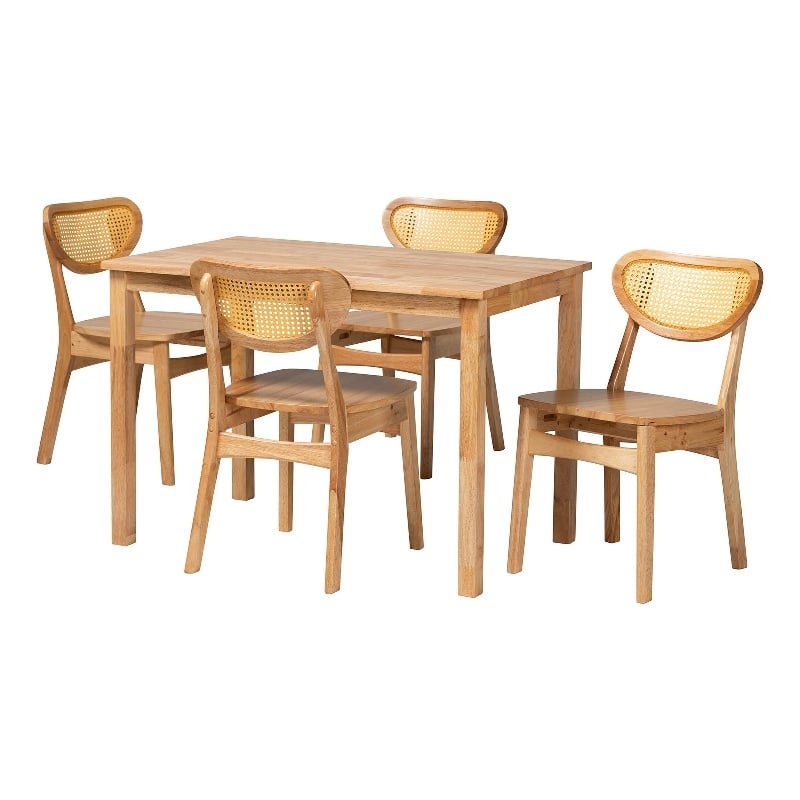 Baxton Studio Haviland 5-Piece Wood & Synthetic Rattan Dining Set in Oak Brown