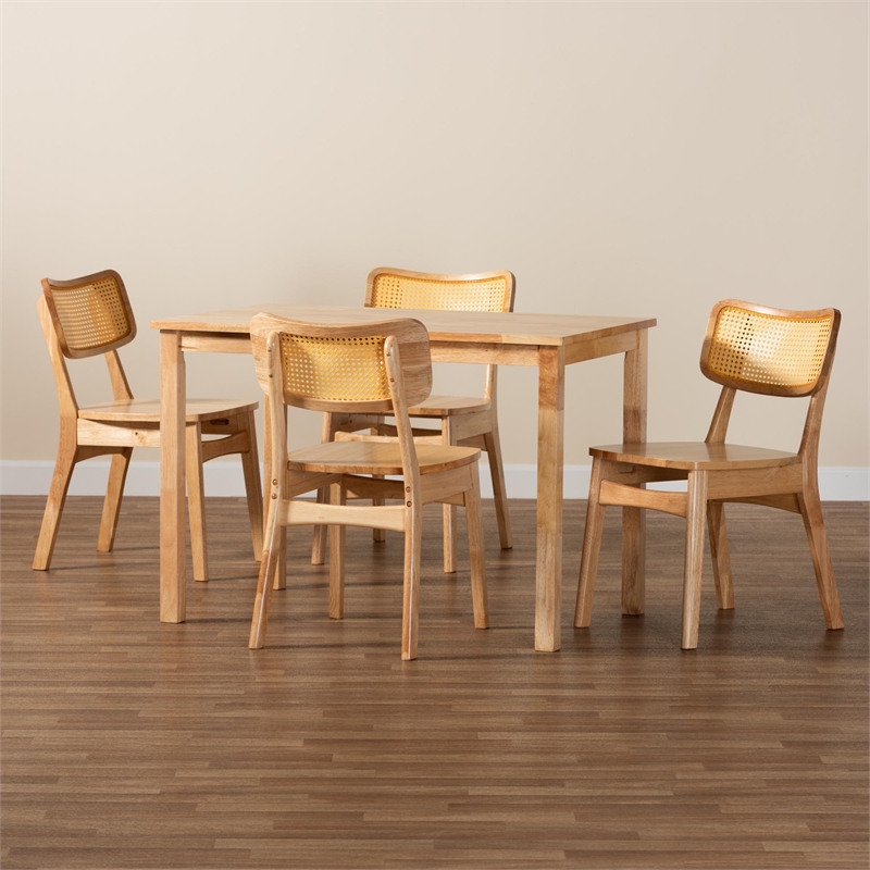 Baxton Studio Dulcet Wood & Rattan 5-Piece Dining Set in Oak Brown