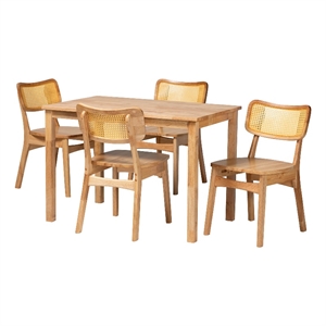 Baxton Studio Dulcet Wood & Rattan 5-Piece Dining Set in Oak Brown