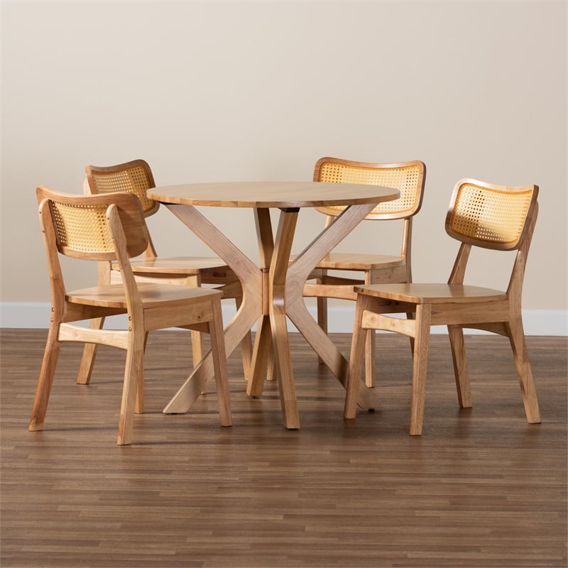 Baxton Studio Camilo 5-Piece Wood & Rattan Dining Set in Oak Brown