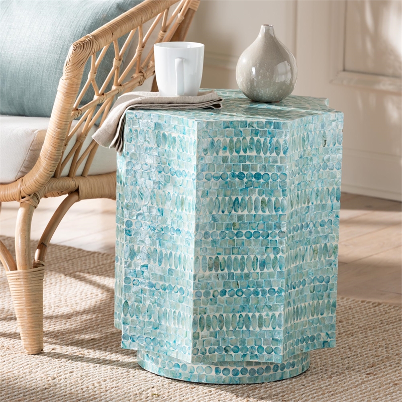Baxton Studio Olesia Octagon Wood & Mother of Pearl End Table in Blue