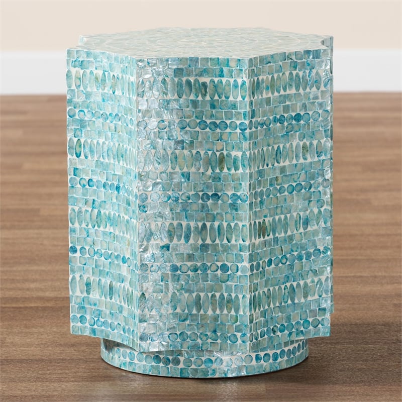 Baxton Studio Olesia Octagon Wood & Mother of Pearl End Table in Blue