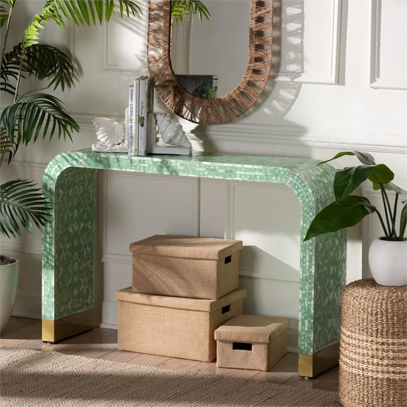 Baxton Studio Didrika Wood & Mother of Pearl Console Table in Seafoam Green