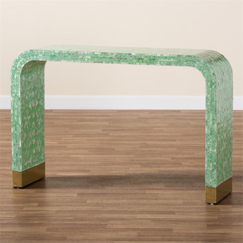 Baxton Studio Didrika Wood & Mother of Pearl Console Table in Seafoam Green