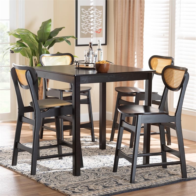 Baxton Studio Hesper 5-Piece Mid-Century Wood & Rattan Pub Set in Brown
