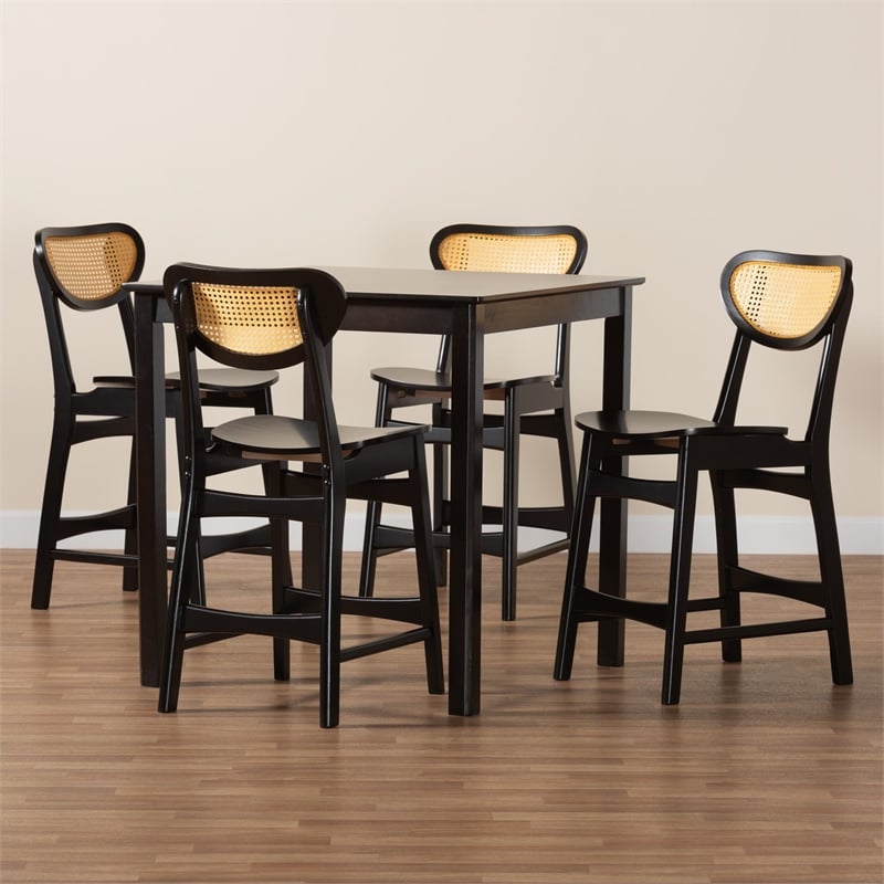 Baxton Studio Hesper 5-Piece Mid-Century Wood & Rattan Pub Set in Brown
