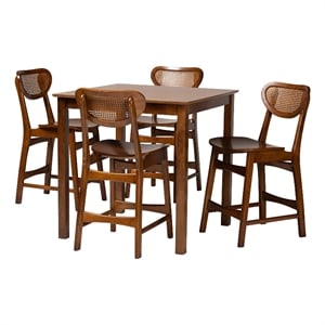 Baxton Studio Hesper 5-Piece Mid-Century Rattan & Wood Pub Set in Brown