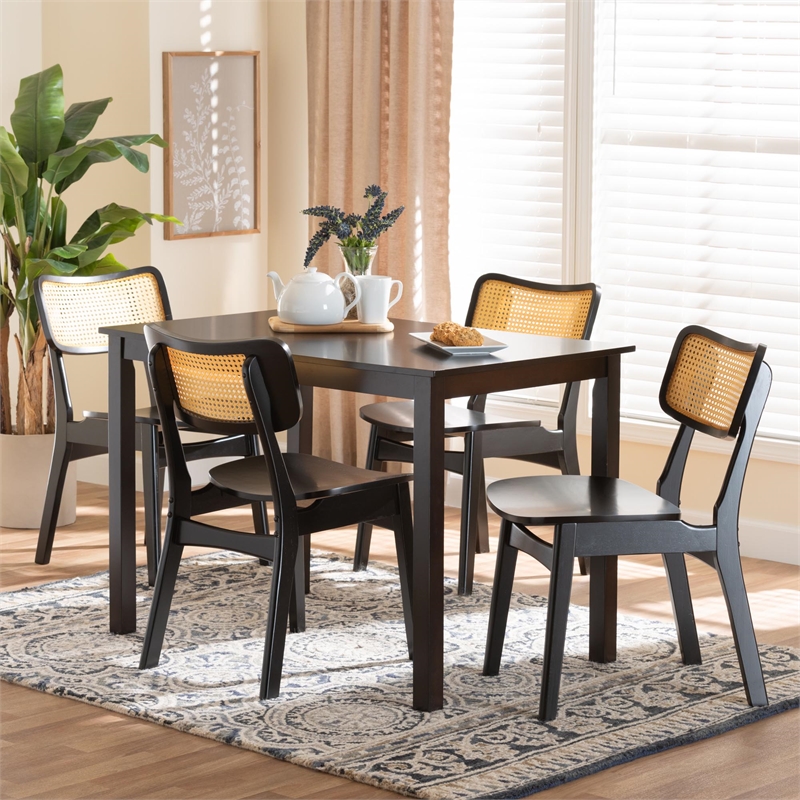Baxton Studio Estera 5-Piece Wood & Rattan Dining Set in Brown
