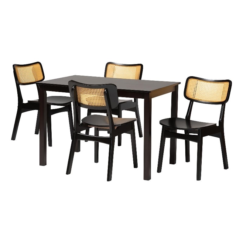 Baxton Studio Estera 5-Piece Wood & Rattan Dining Set in Brown
