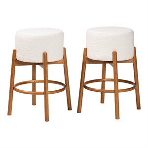 Baxton Studio Olwen Cream Boucle Fabric and Brown Wood 2-Piece Bar Stool Set