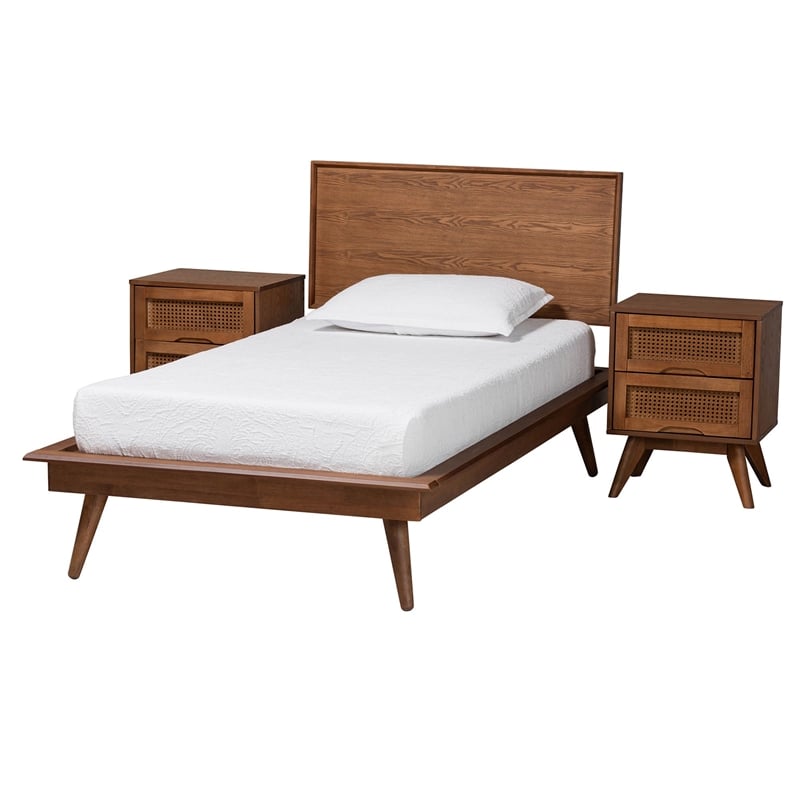 Baxton Studio Melora Walnut Brown Wood and Rattan Twin Size 3-Piece Bedroom Set