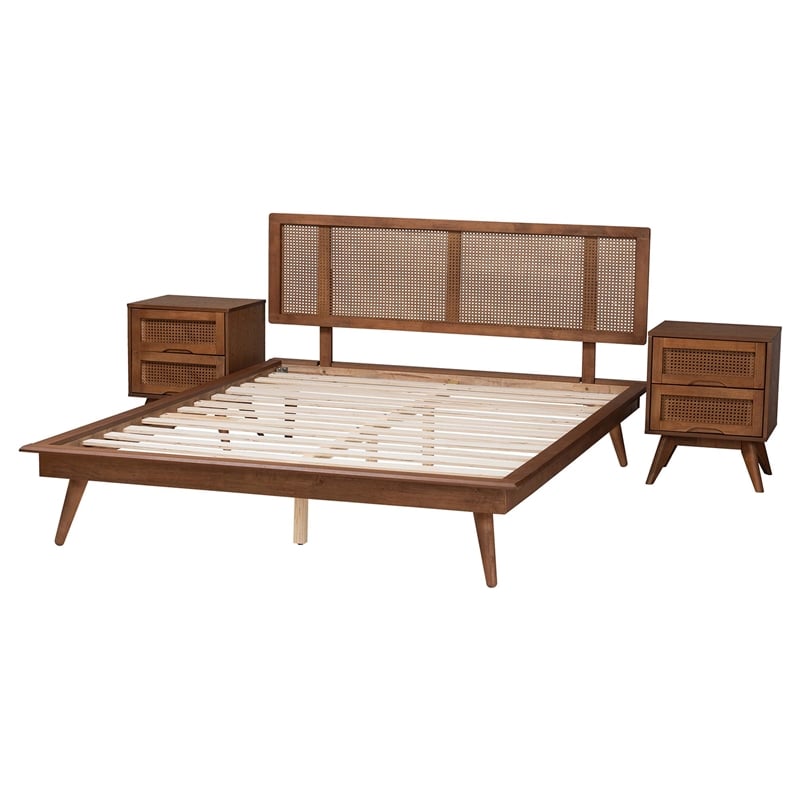 Baxton Studio Nura Walnut Brown Wood and Rattan Queen Size 3-Piece Bedroom Set