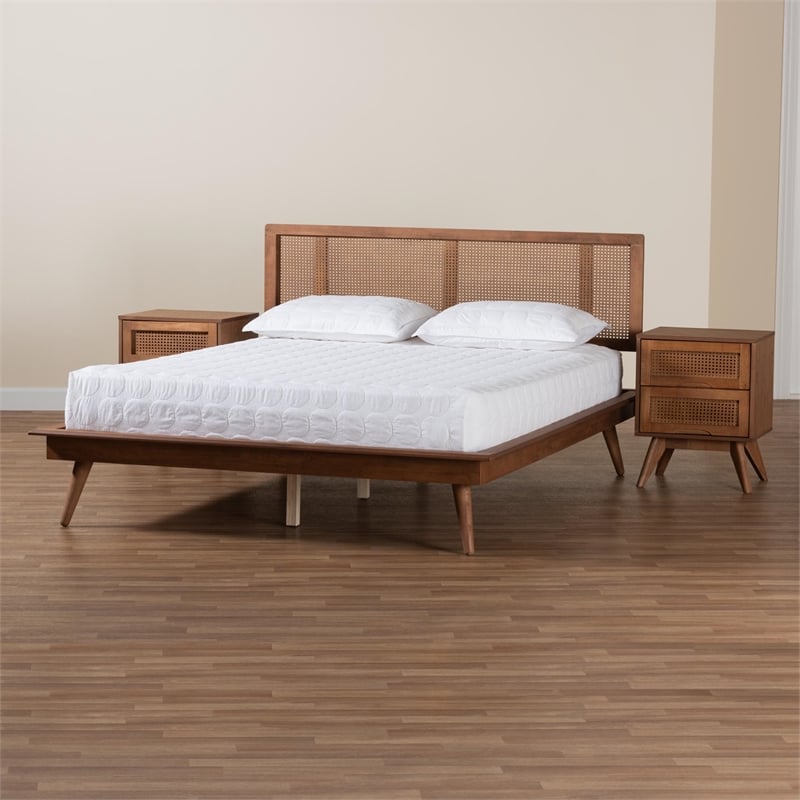 Baxton Studio Nura Walnut Brown Wood and Rattan Queen Size 3-Piece Bedroom Set