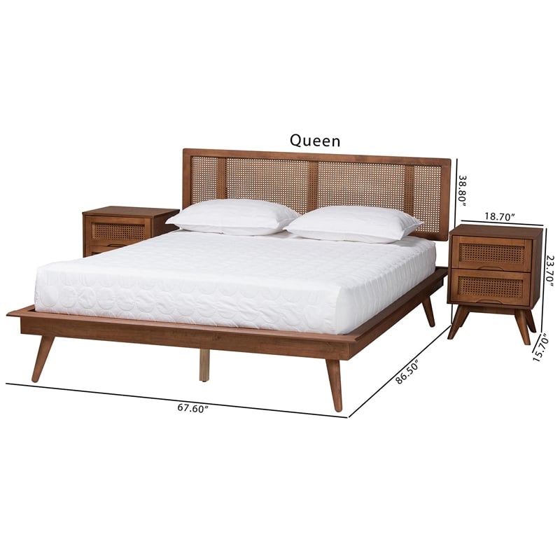 Baxton Studio Nura Walnut Brown Wood and Rattan Queen Size 3-Piece Bedroom Set