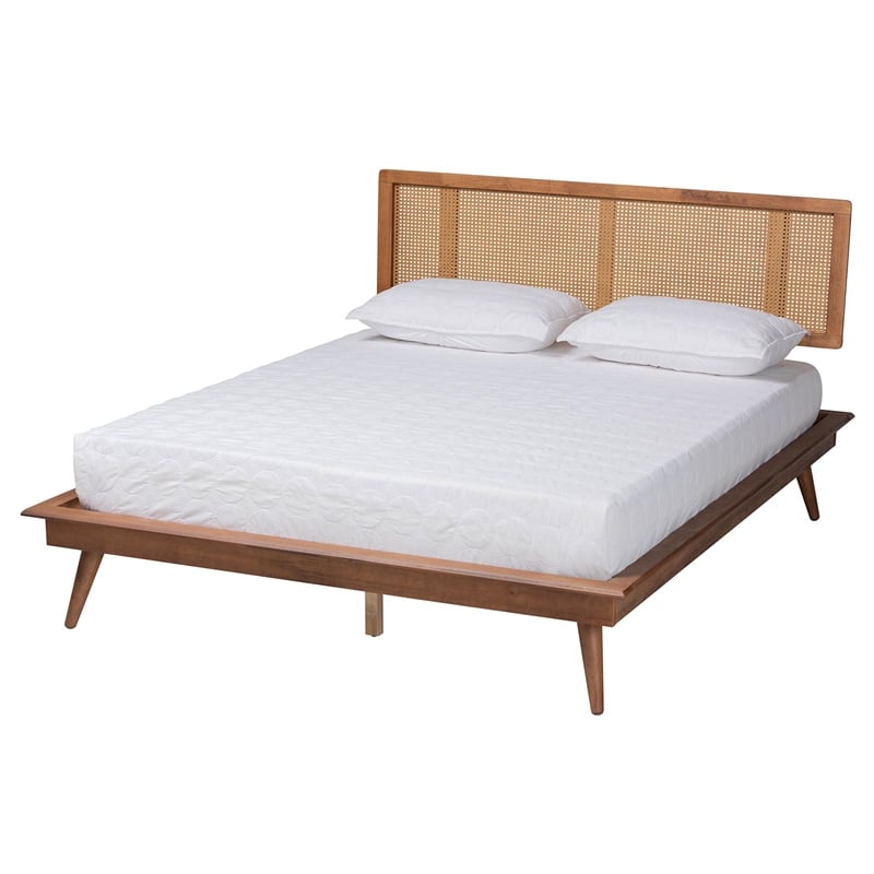 Baxton Studio Nura Walnut Brown Wood and Rattan Queen Size 3-Piece Bedroom Set