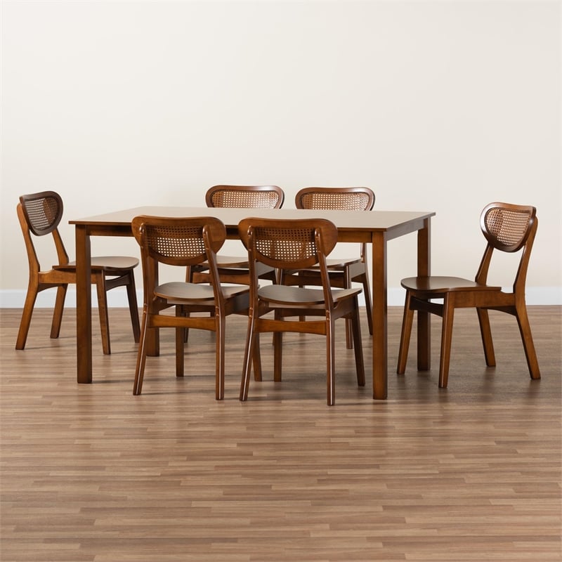 Baxton Studio Jeriah Walnut Brown Wood and Woven Rattan 7-Piece Dining Set