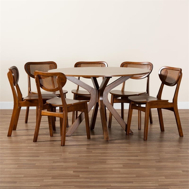 Baxton Studio Giuliana Walnut Brown Wood and Woven Rattan 7-Piece Dining Set