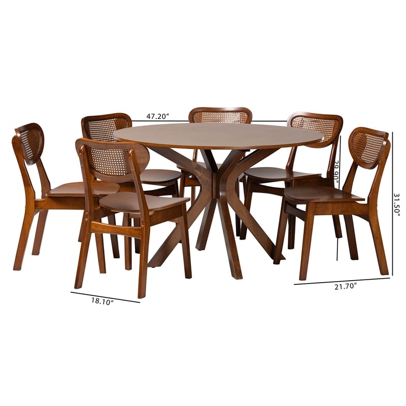 Baxton Studio Giuliana Walnut Brown Wood and Woven Rattan 7-Piece Dining Set