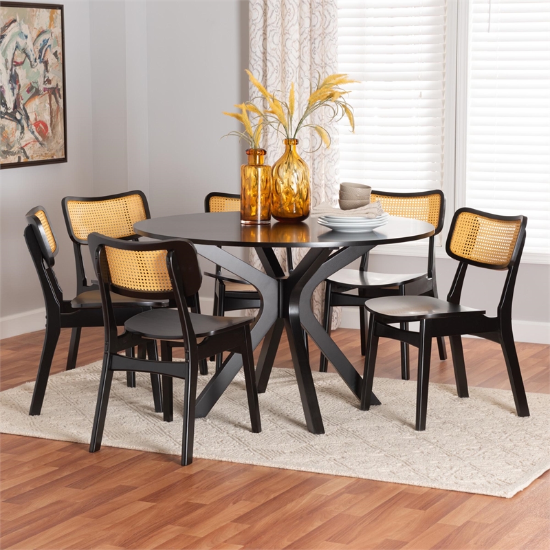 Baxton Studio Linnet Dark Brown Finished Wood and Rattan 7-Piece Dining Set
