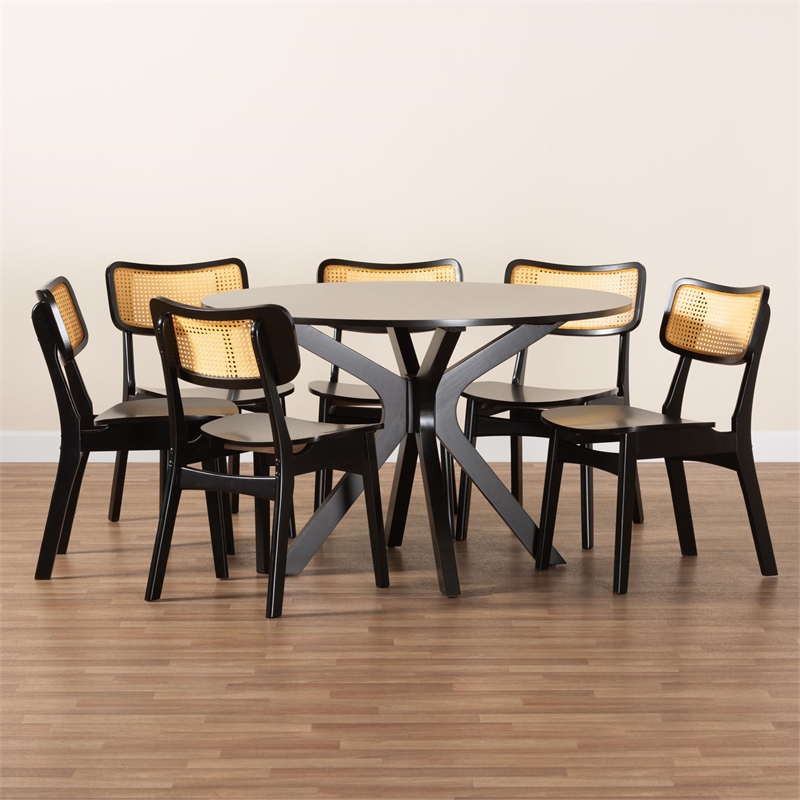 Baxton Studio Linnet Dark Brown Finished Wood and Rattan 7-Piece Dining Set