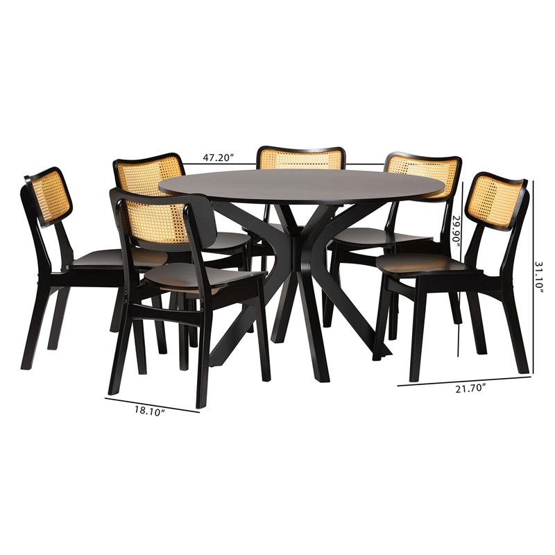 Baxton Studio Linnet Dark Brown Finished Wood and Rattan 7-Piece Dining Set