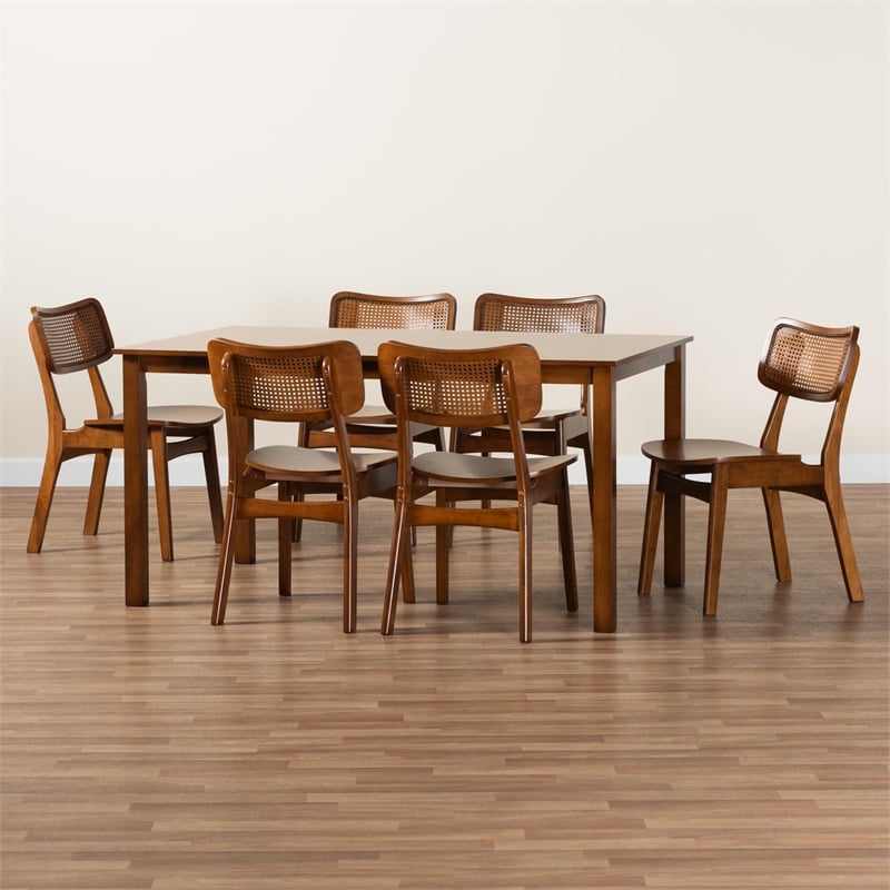 Baxton Studio Estera Walnut Brown Finished Wood and Rattan 7-Piece Dining Set