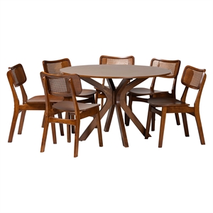 Baxton Studio Linnet Walnut Brown Finished Wood and Rattan 7-Piece Dining Set