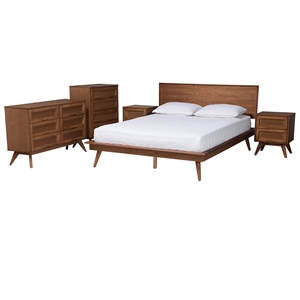Baxton Studio Melora Walnut Brown Wood and Rattan King Size 5-Piece Bedroom Set