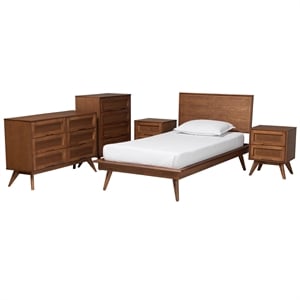 Baxton Studio Melora Walnut Brown Wood and Rattan Twin Size 5-Piece Bedroom Set