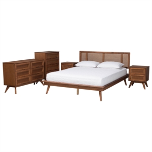 Baxton Studio Nura Walnut Brown Wood and Rattan Queen Size 5-Piece Bedroom Set