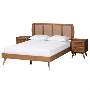 Baxton Studio Asami Brown Wood and Woven Rattan Queen Size 3-Piece Bedroom Set