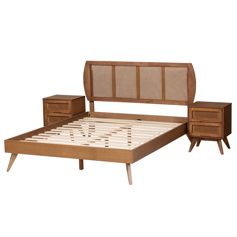 Baxton Studio Asami Brown Wood and Woven Rattan King Size 3-Piece Bedroom Set