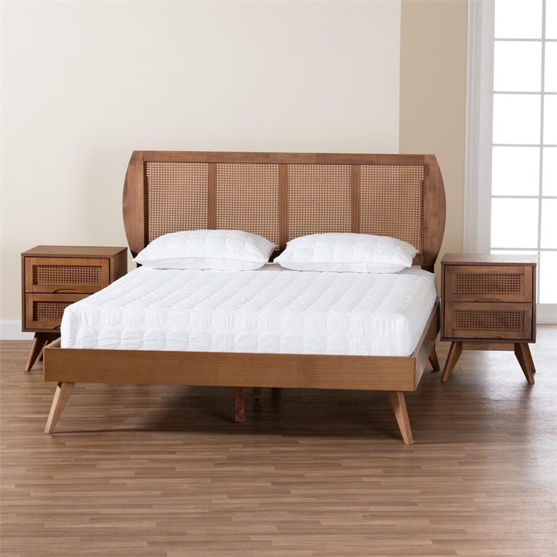 Baxton Studio Asami Brown Wood and Woven Rattan King Size 3-Piece Bedroom Set