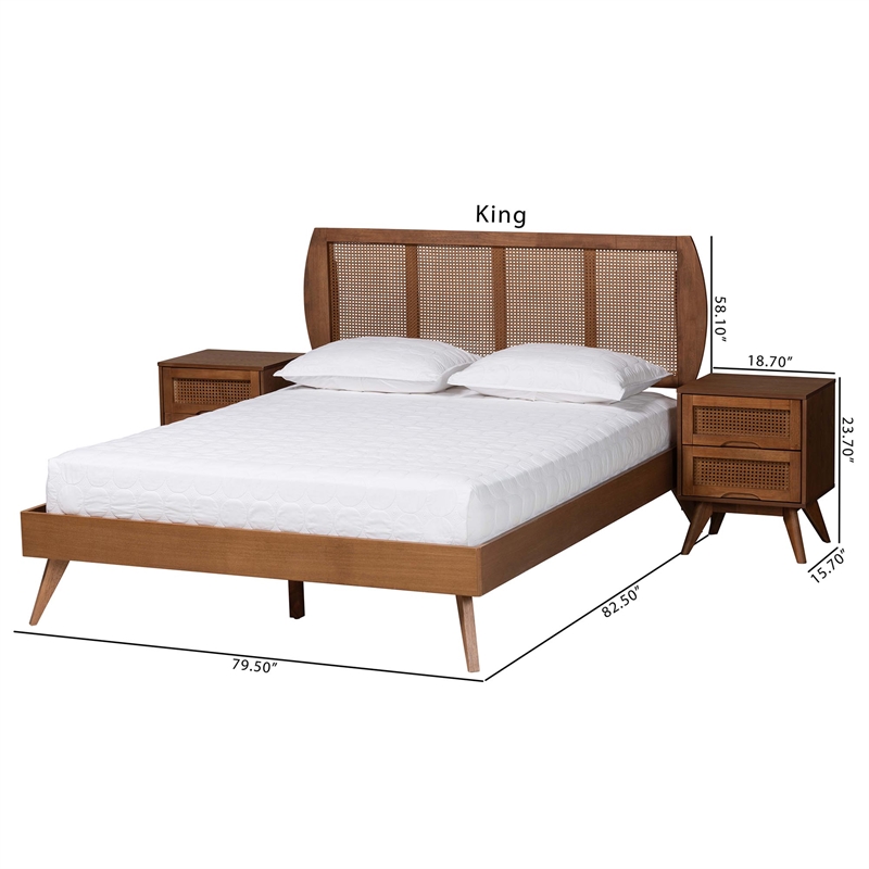 Baxton Studio Asami Brown Wood and Woven Rattan King Size 3-Piece Bedroom Set