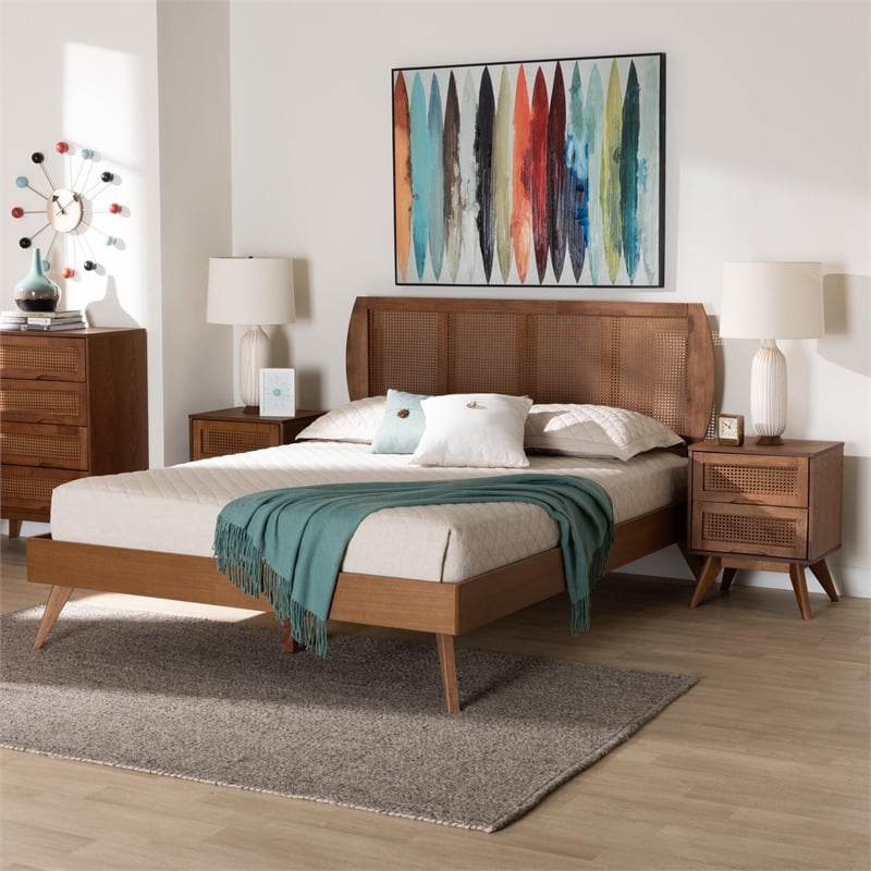 Baxton Studio Asami Brown Wood and Woven Rattan King Size 3-Piece Bedroom Set
