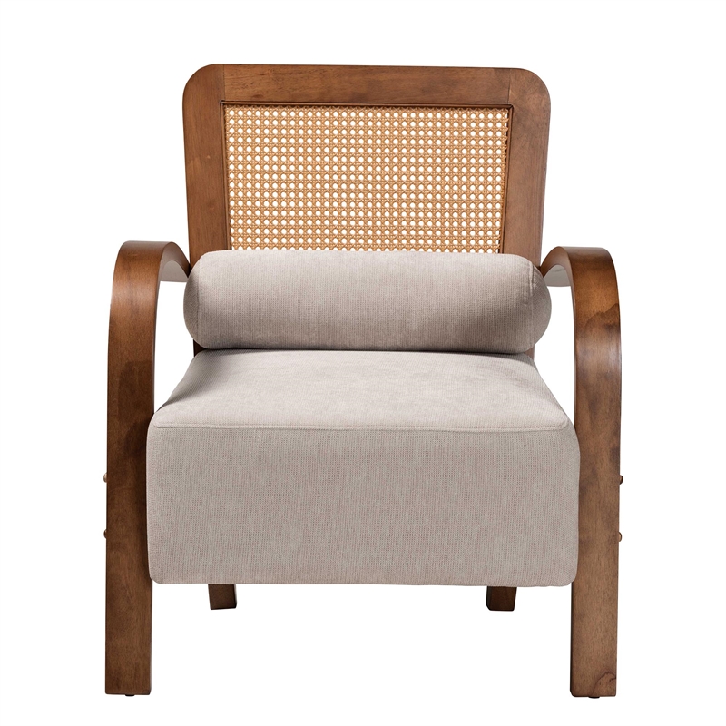 Baxton Studio Sage Light Grey Fabric and Brown Wood Arm Chair with Woven Rattan