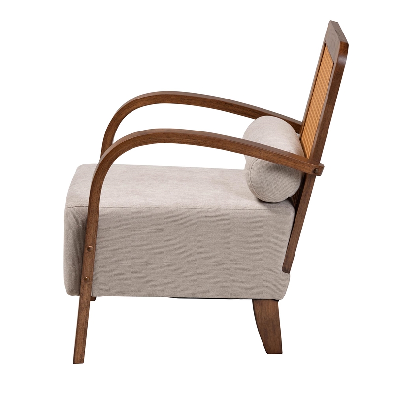 Baxton Studio Sage Light Grey Fabric and Brown Wood Arm Chair with Woven Rattan