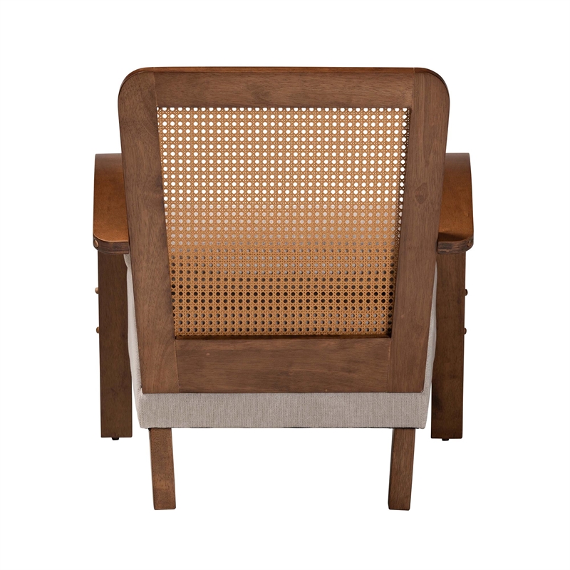 Baxton Studio Sage Light Grey Fabric and Brown Wood Arm Chair with Woven Rattan