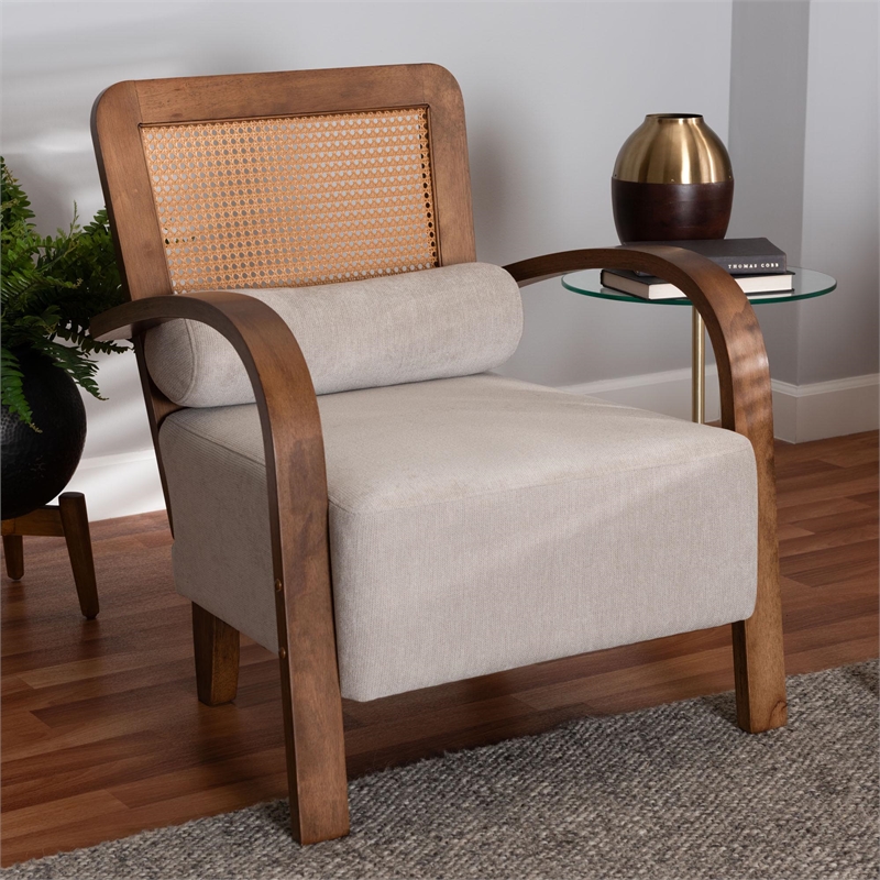 Baxton Studio Sage Light Grey Fabric and Brown Wood Arm Chair with Woven Rattan