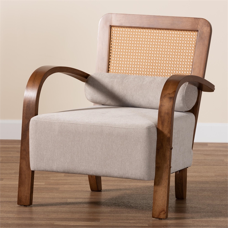 Baxton Studio Sage Light Grey Fabric and Brown Wood Arm Chair with Woven Rattan