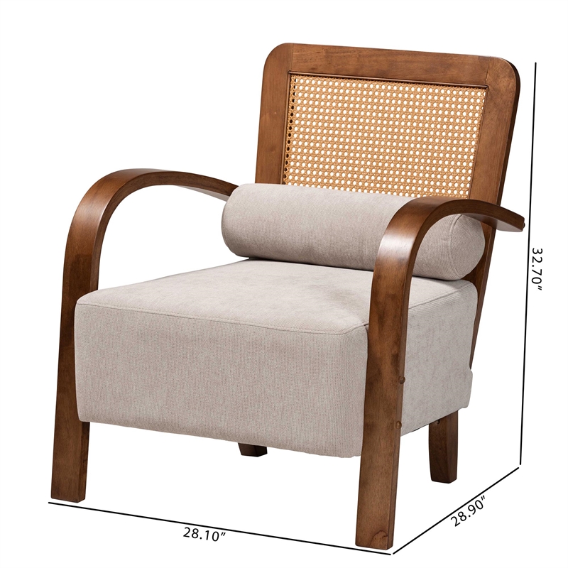Baxton Studio Sage Light Grey Fabric and Brown Wood Arm Chair with Woven Rattan