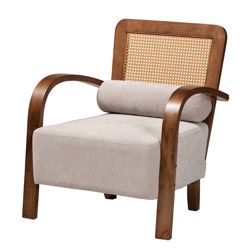 Baxton Studio Sage Light Grey Fabric and Brown Wood Arm Chair with Woven Rattan