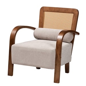 Baxton Studio Sage Light Grey Fabric and Brown Wood Arm Chair with Woven Rattan