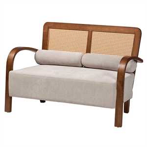 Baxton Studio Sage Grey Fabric and Walnut Brown Wood Loveseat with Woven Rattan