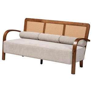 Baxton Studio Sage Light Gray Fabric and Brown Wood Sofa with Woven Rattan