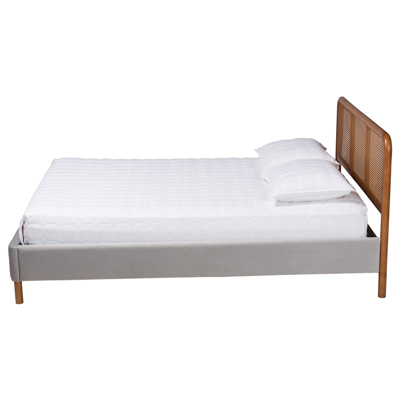 Baxton Studio Rosita Gray Velvet Fabric and Brown Wood Queen Size Platform Bed