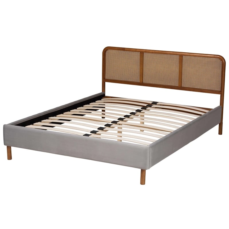 Baxton Studio Rosita Gray Velvet Fabric and Brown Wood Queen Size Platform Bed