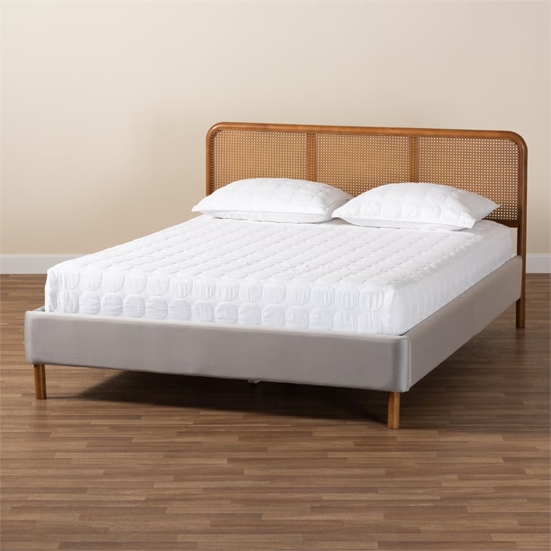 Baxton Studio Rosita Gray Velvet Fabric and Brown Wood Queen Size Platform Bed