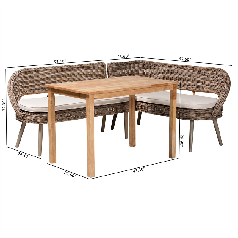 Baxton Studio Raisa Gray Seagrass Bench and Wood Table 3-Piece Dining Nook Set