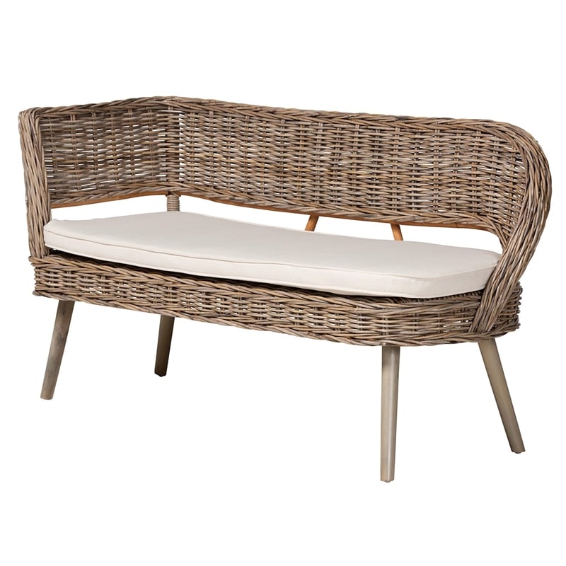 Baxton Studio Raisa Gray Seagrass Bench and Wood Table 3-Piece Dining Nook Set